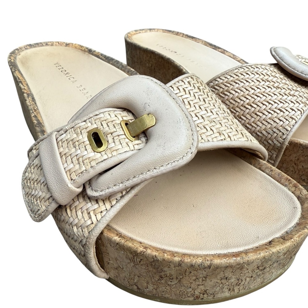 Veronica Beard Beige Woven Slides Wedge Heel Buckle - Picture 3 of 11